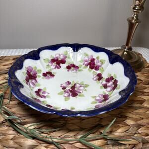 Vintage Japanese Porcelain Floral Serving Bowl Cobalt Blue Rim Scalloped MCM 9”